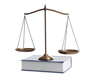 Photo of Scales of justice and book on white background. Law concept