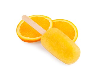 Photo of Tasty orange ice pop isolated on white. Fruit popsicle