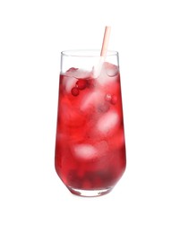 Photo of Tasty refreshing cranberry cocktail with straw isolated on white