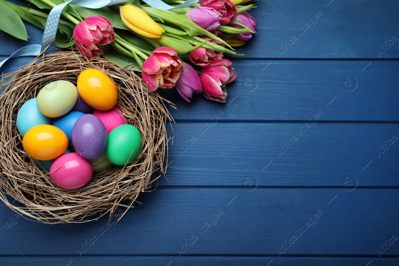 Photo of Bright painted eggs and spring tulips on blue wooden table, flat lay with space for text. Happy Easter