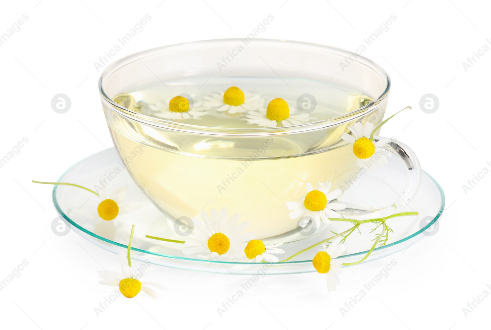 Photo of Aromatic herbal tea in glass cup with chamomile flowers isolated on white