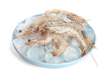 Photo of Plate with fresh raw shrimps and ice isolated on white