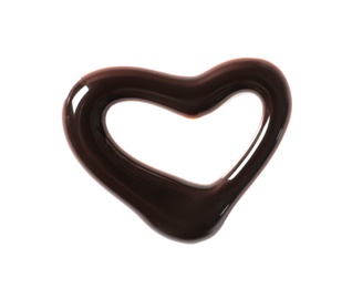 Heart made of dark chocolate on white background, top view
