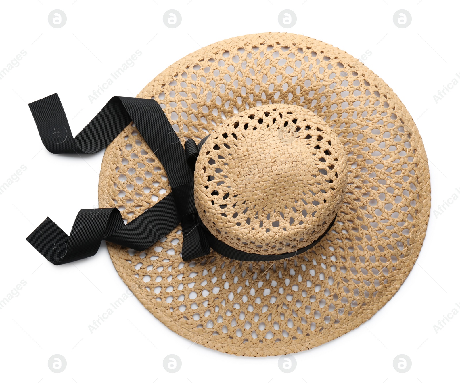 Photo of Stylish straw hat isolated on white, top view. Beach object