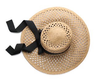 Stylish straw hat isolated on white, top view. Beach object