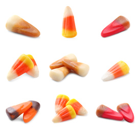Image of Set of delicious candy corns on white background