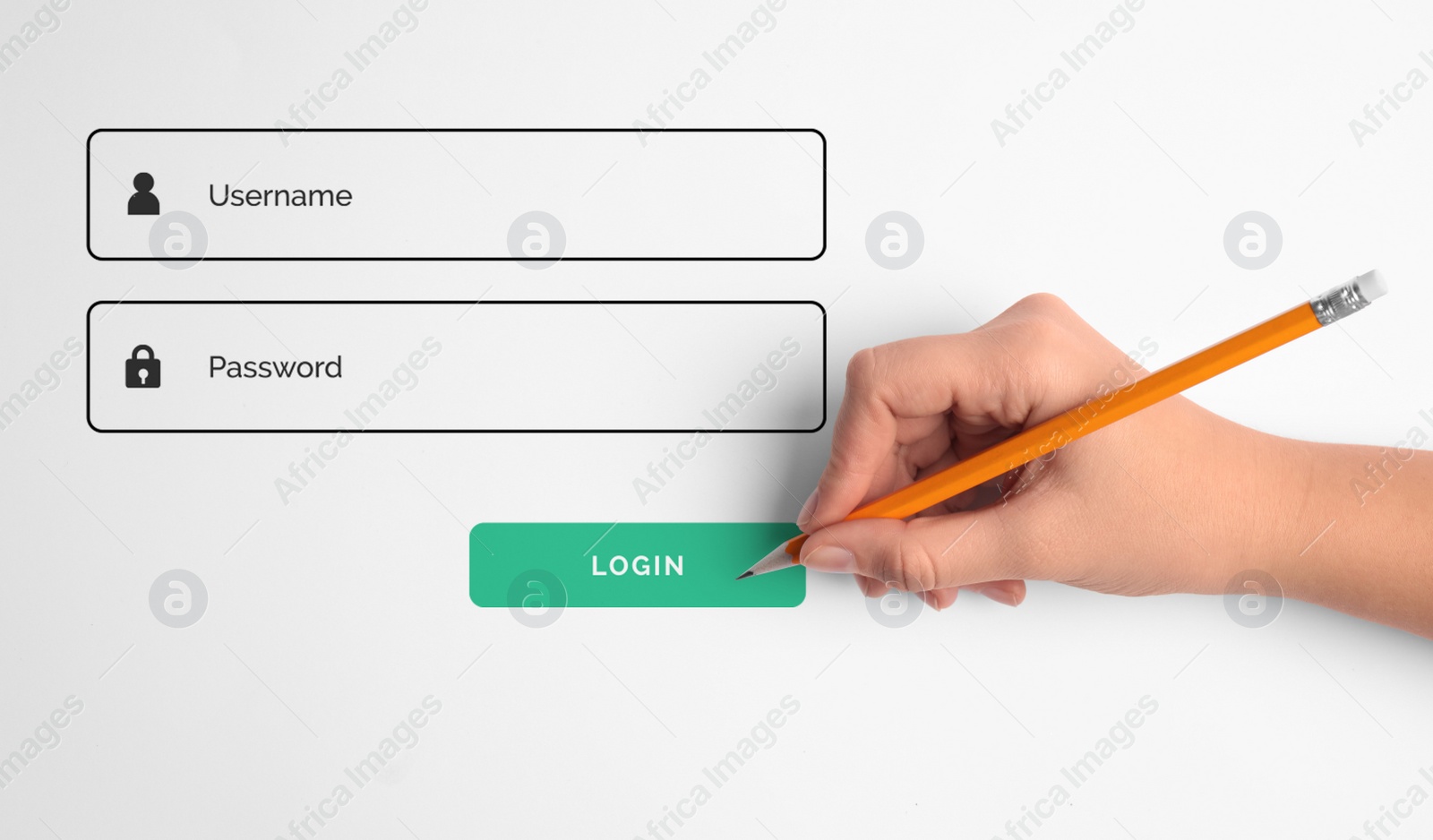Image of Illustration of authorization interface and woman holding pencil on white background, closeup