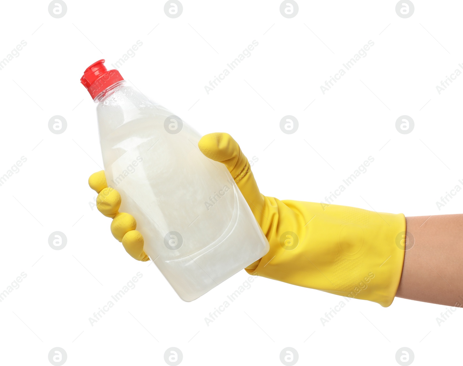 Photo of Woman holding bottle of cleaning product for dish washing on white background, closeup