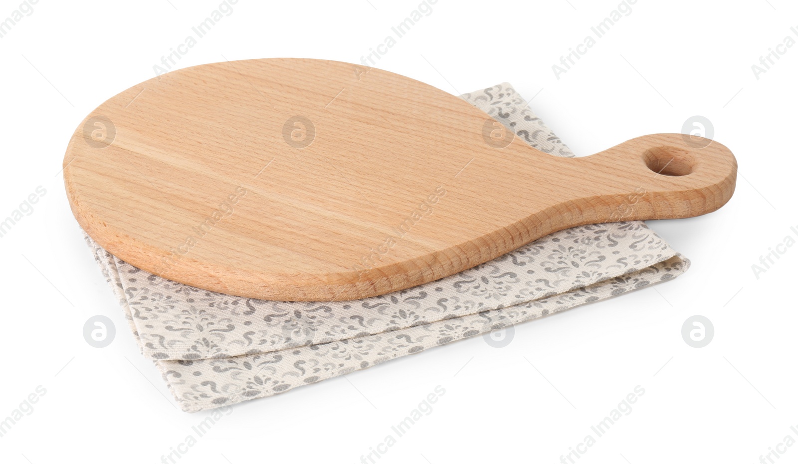 Photo of Wooden cutting board and napkin isolated on white