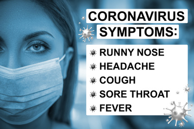 Image of Woman with medical mask and list of coronavirus symptoms