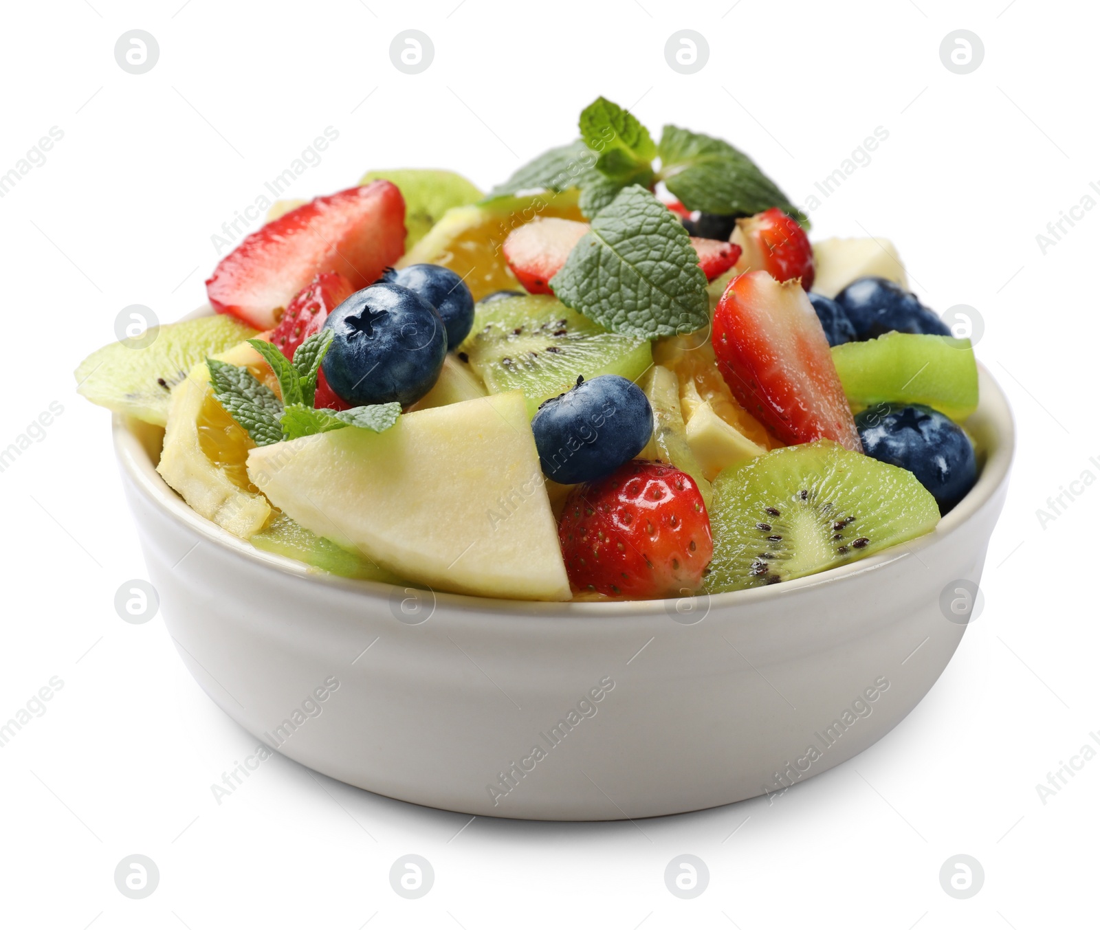Photo of Tasty fruit salad in bowl isolated on white