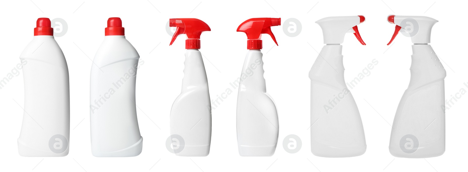 Image of Set with bottles of different cleaning products on white background, banner design. Household chemicals