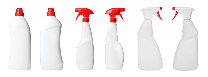 Image of Set with bottles of different cleaning products on white background, banner design. Household chemicals