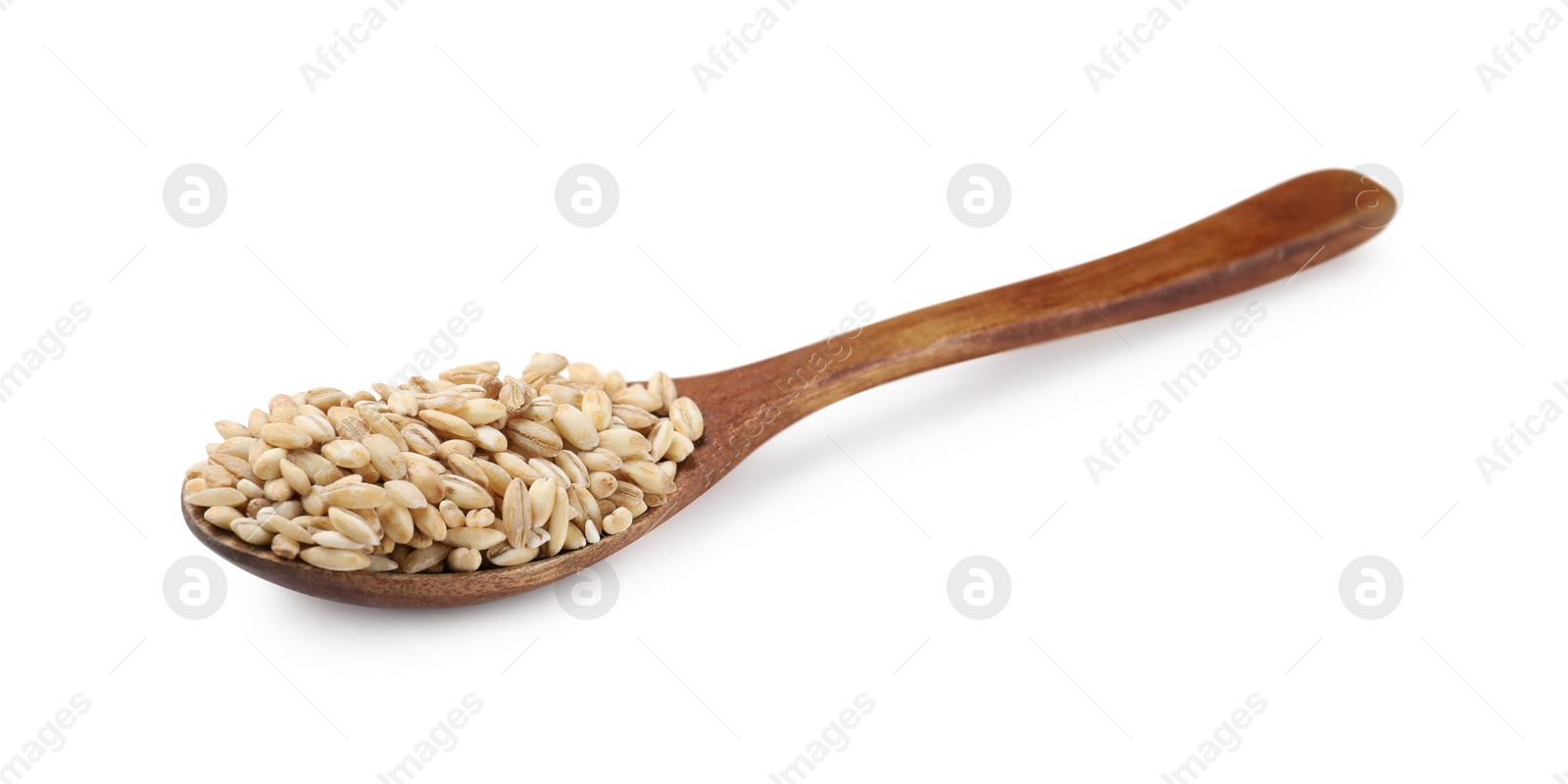 Photo of Wooden spoon with raw pearl barley isolated on white