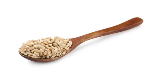 Photo of Wooden spoon with raw pearl barley isolated on white