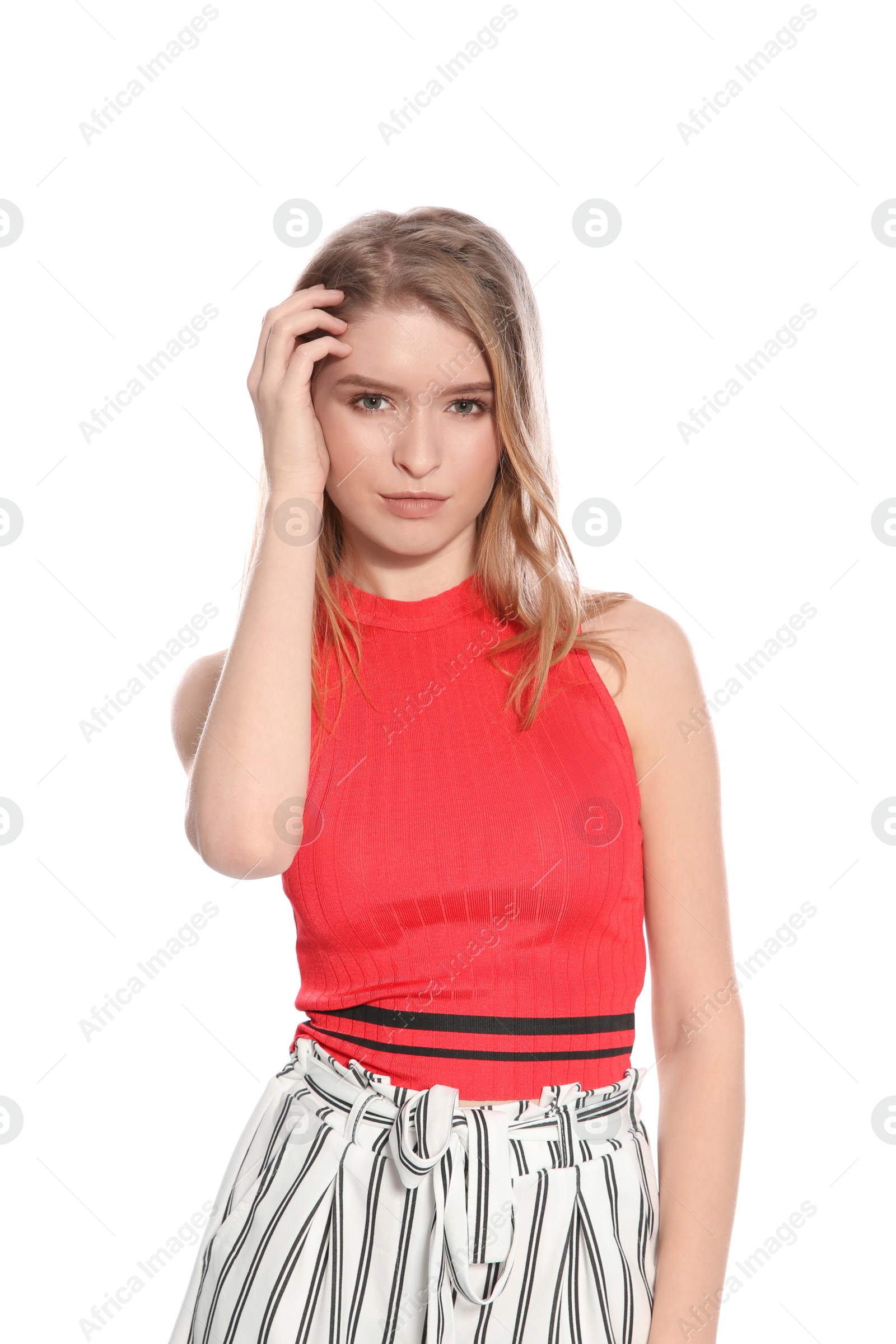 Photo of Portrait of beautiful young woman on white background