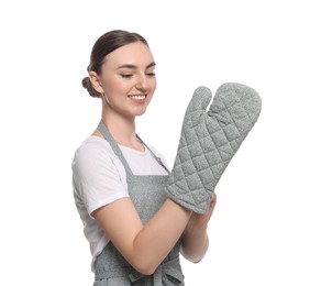 Photo of Beautiful young woman in clean apron with pattern and oven glove on white background