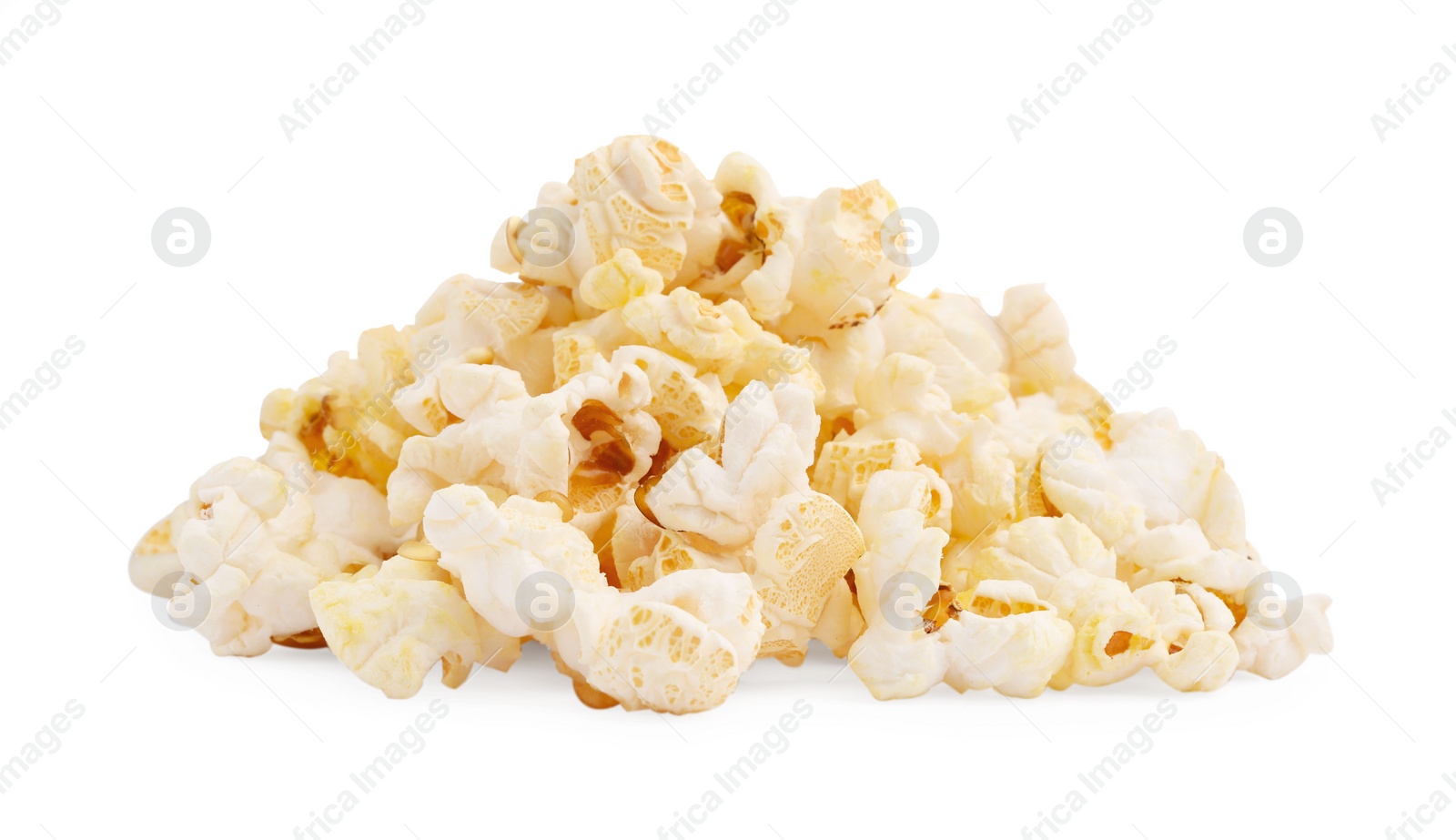 Photo of Fresh popcorn isolated on white. Tasty snack