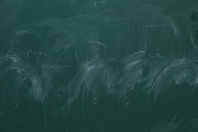 Photo of Chalk rubbed out on green chalkboard as background, closeup. Space for text