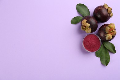 Photo of Mangosteen powder and fruits on violet background, flat lay. Space for text