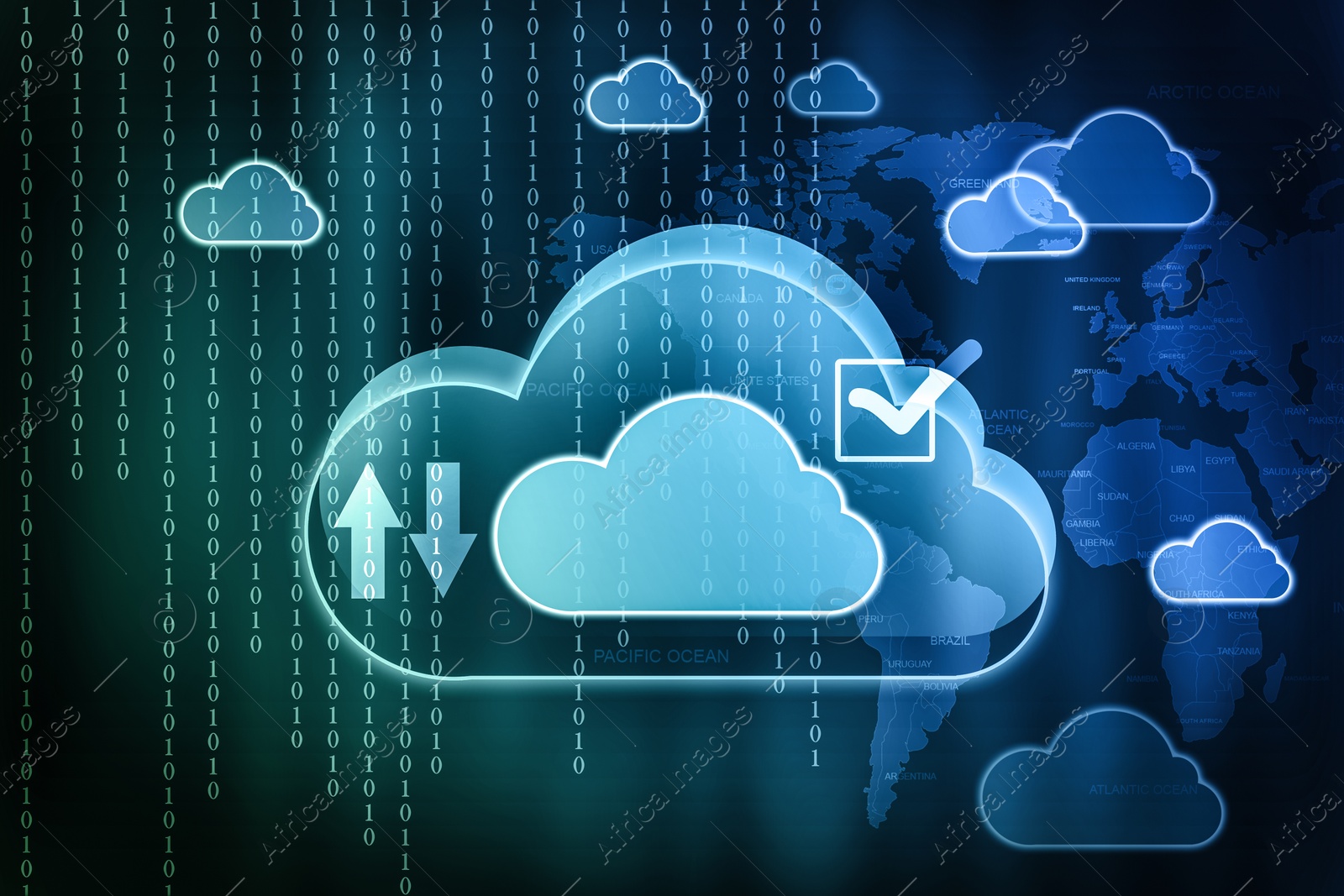 Illustration of Cloud image, binary code and world map on background. Modern technology