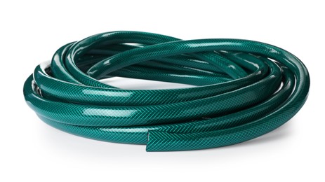 Photo of Green rubber watering hose isolated on white