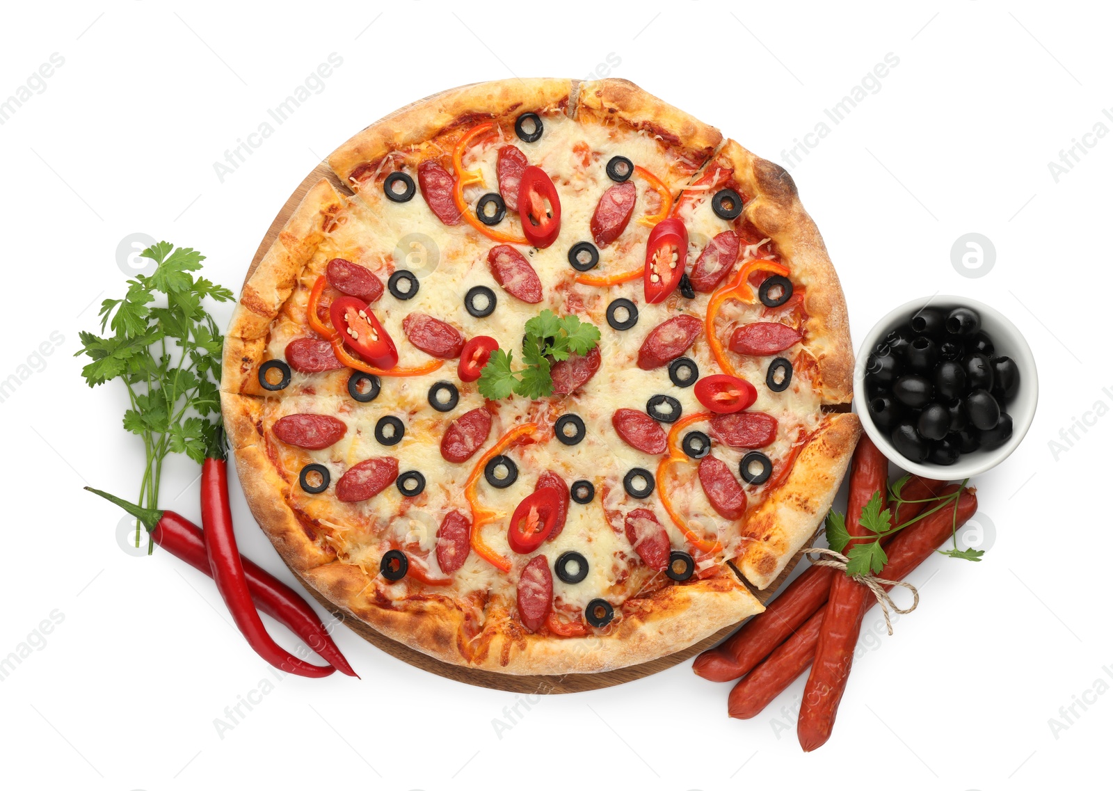 Photo of Tasty pizza with cheese, dry smoked sausages, olives, chili pepper and parsley isolated on white, top view