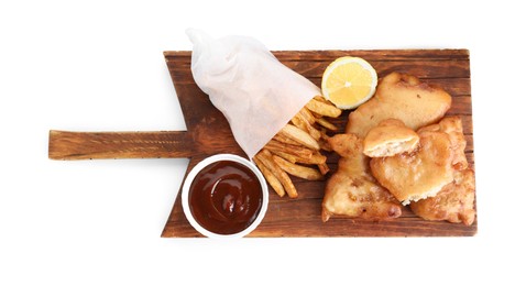 Photo of Tasty fish, chips and sauce isolated on white, top view