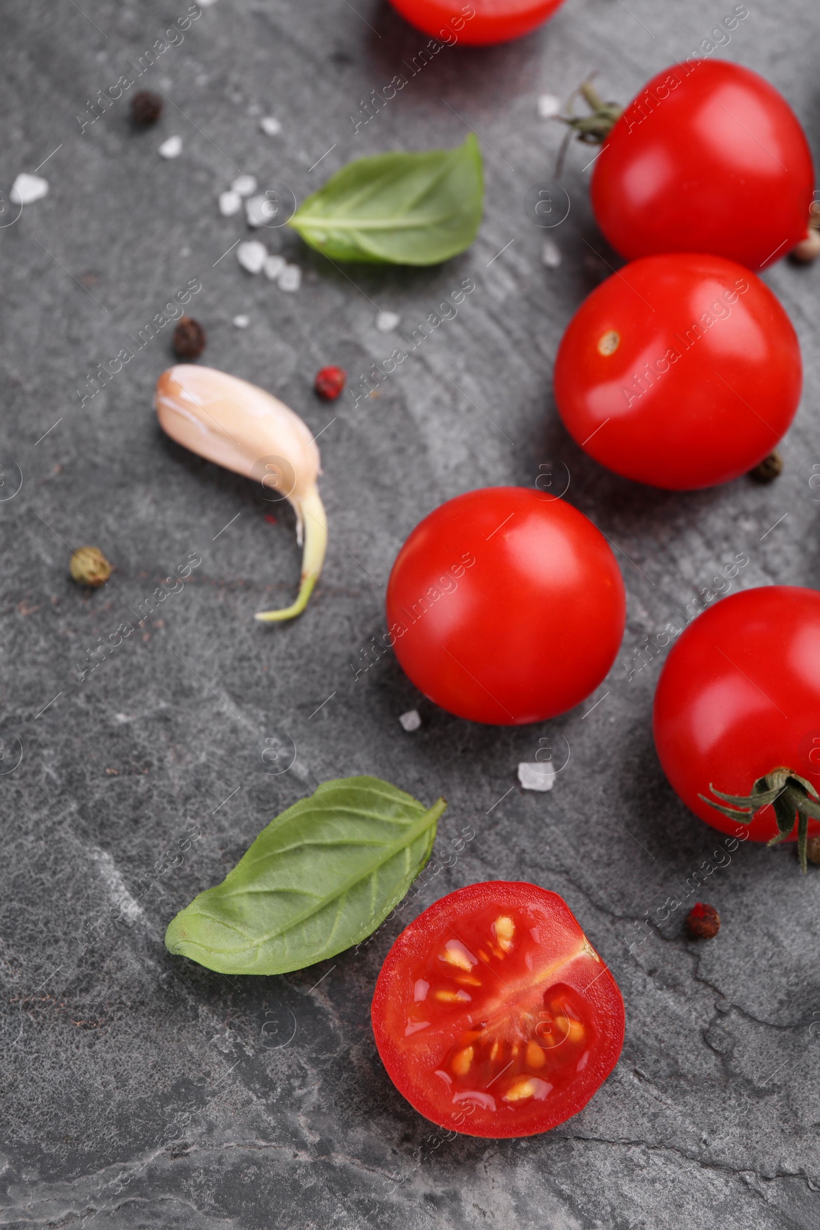 Photo of Ripe tomatoes, basil, garlic and spices on gray textured table