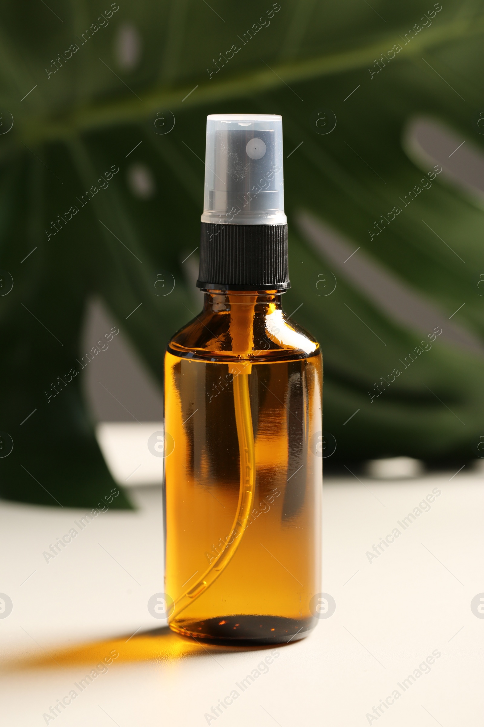 Photo of Spray bottle with oil and green leaf on white table. Natural cosmetics