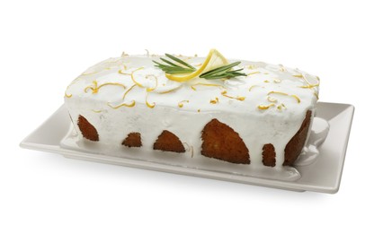 Tasty lemon cake with glaze isolated on white