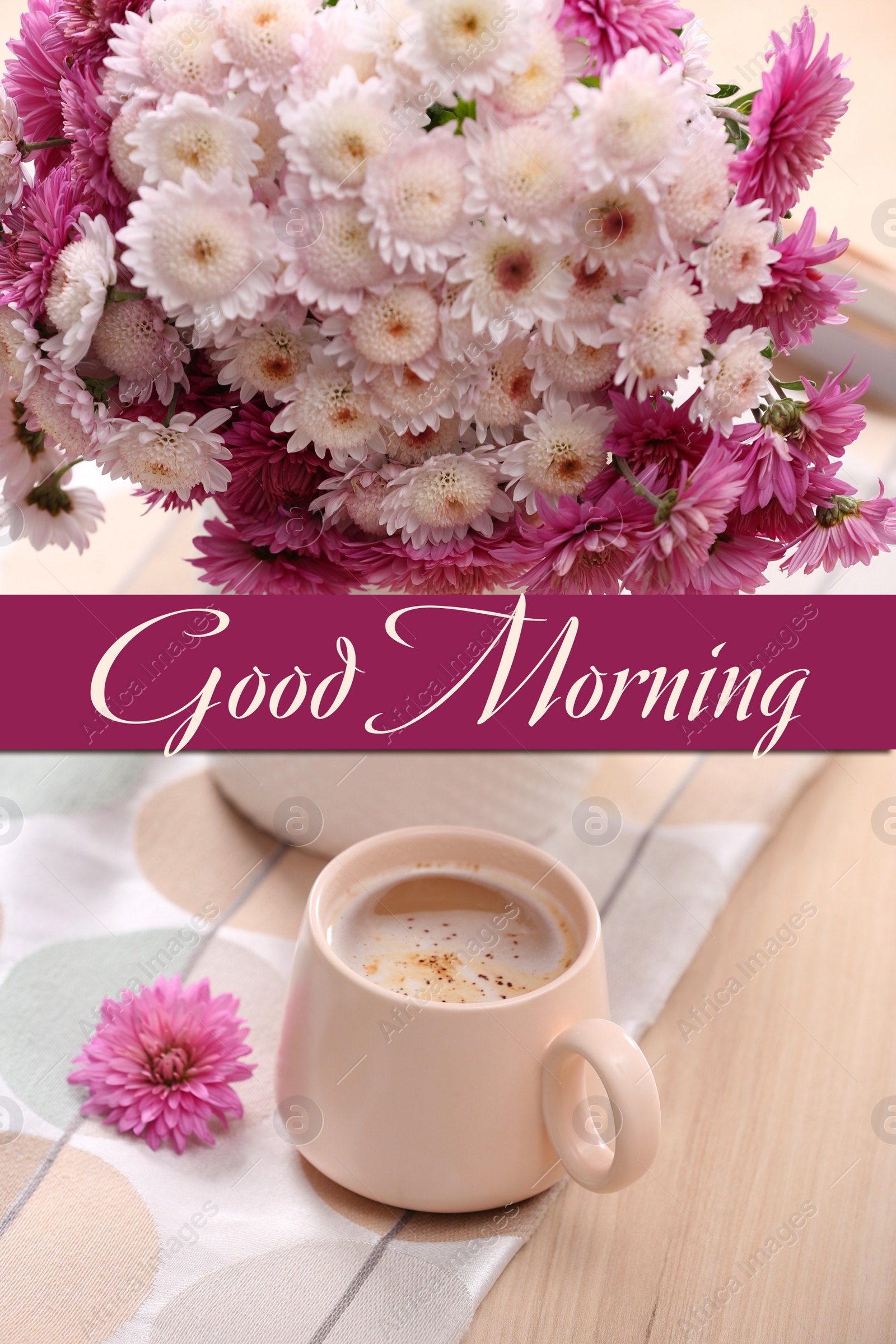 Image of Good morning! Cup of hot coffee and beautiful bouquet on wooden table