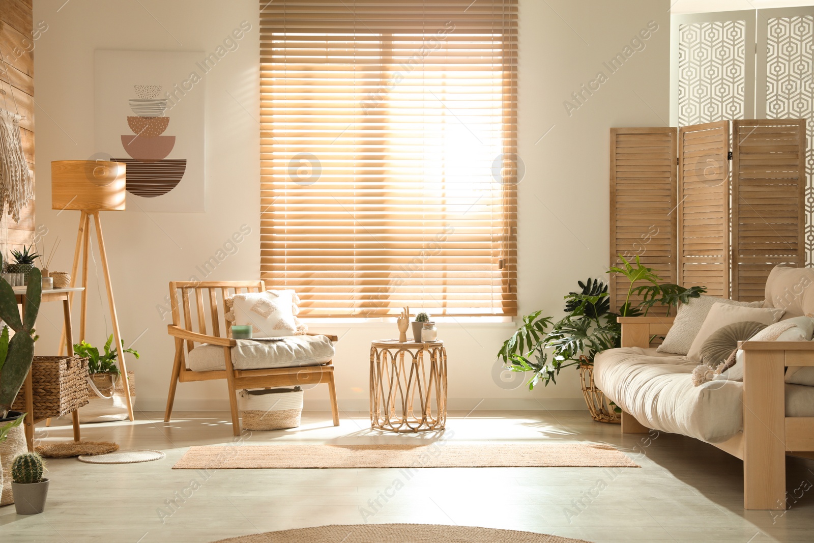 Photo of Stylish living room interior with wooden furniture and beautiful houseplants