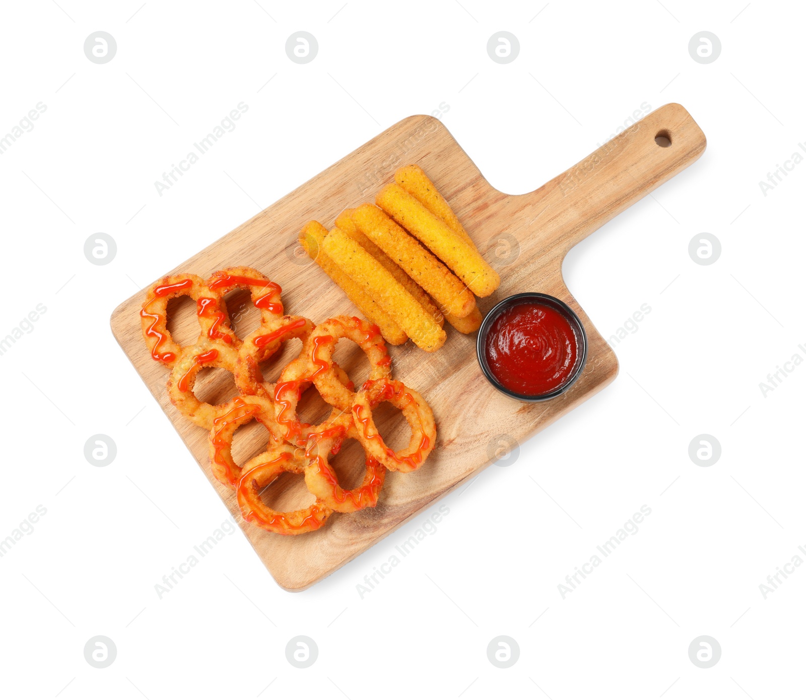 Photo of Tasty fried onion rings, cheese sticks and ketchup isolated on white, top view