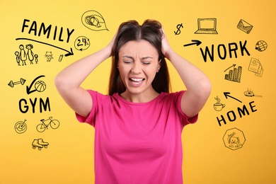 Stressed young woman, text and drawings on yellow background