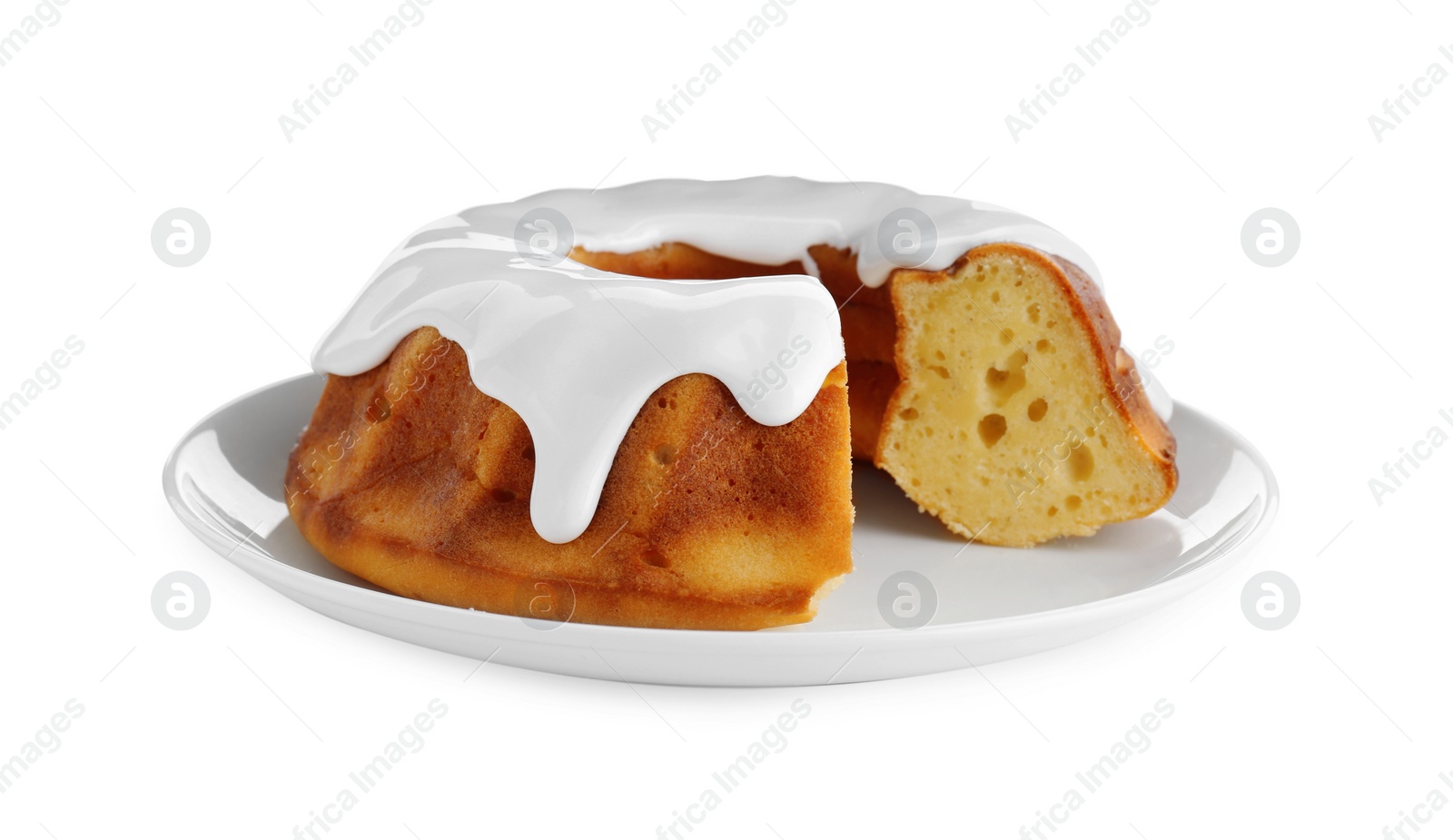 Photo of Delicious homemade yogurt cake with cream on white background