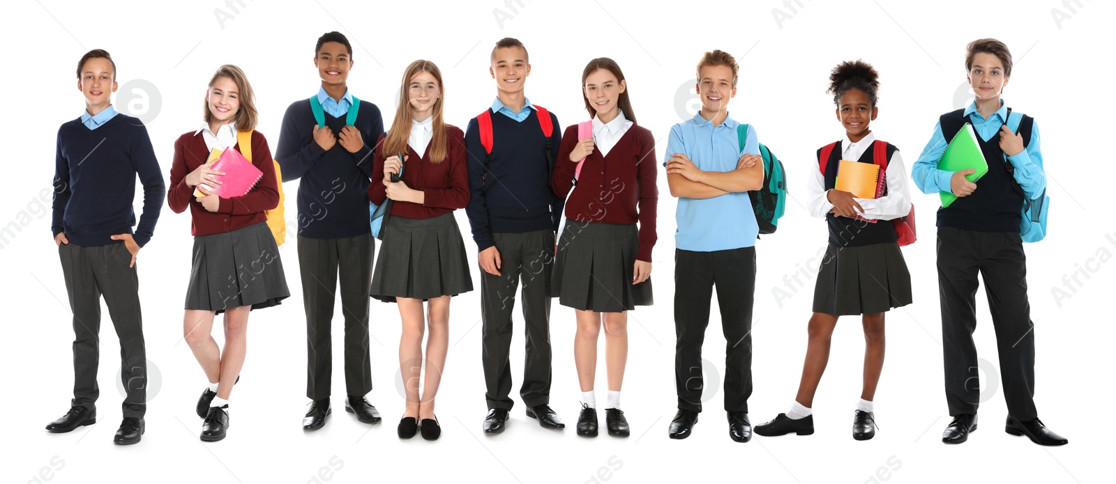 Image of Children in school uniforms on white background. Banner design