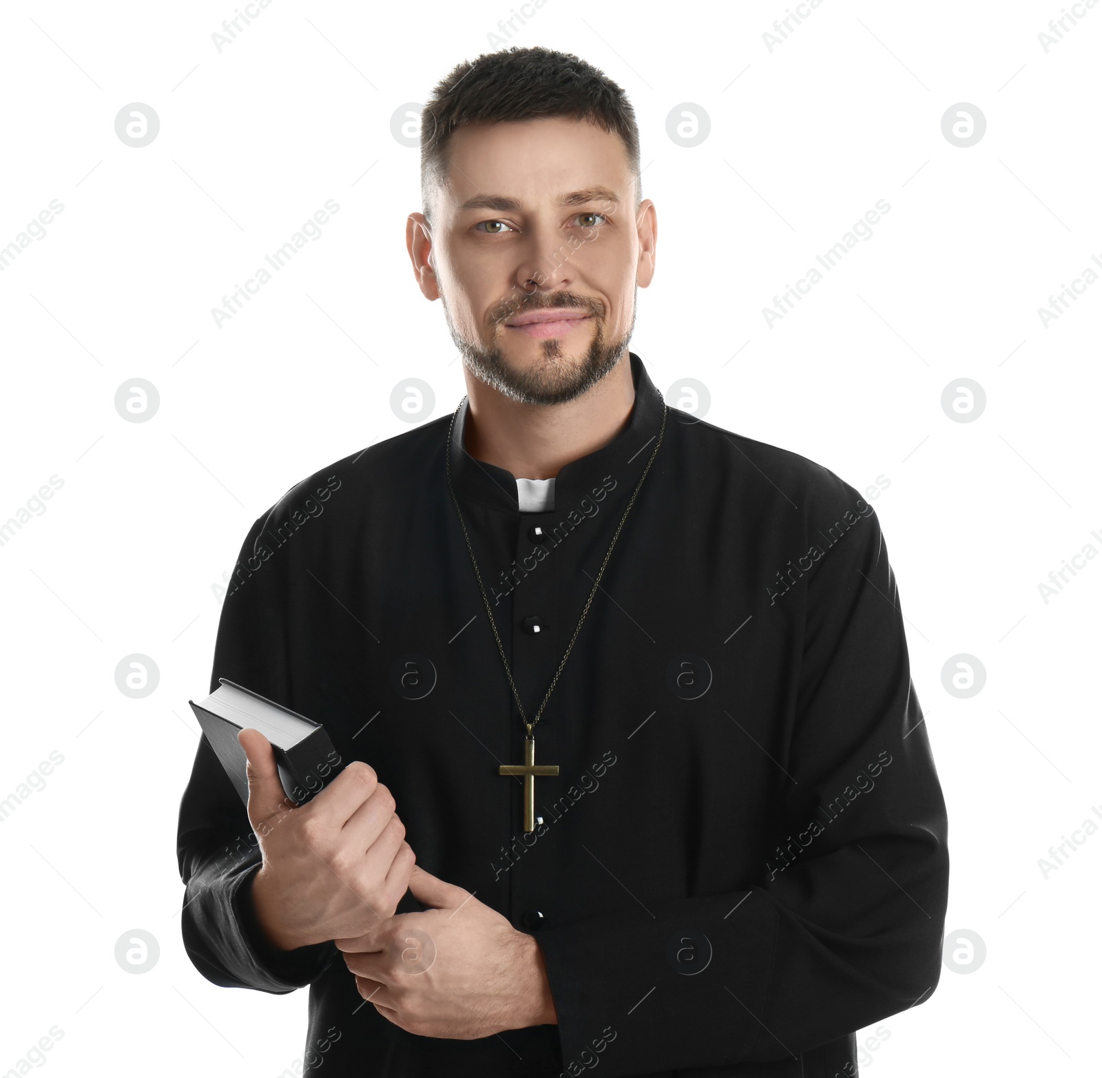 Photo of Priest with Bible and cross on white background