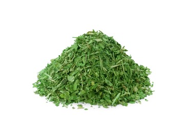 Photo of Heap of dried parsley isolated on white