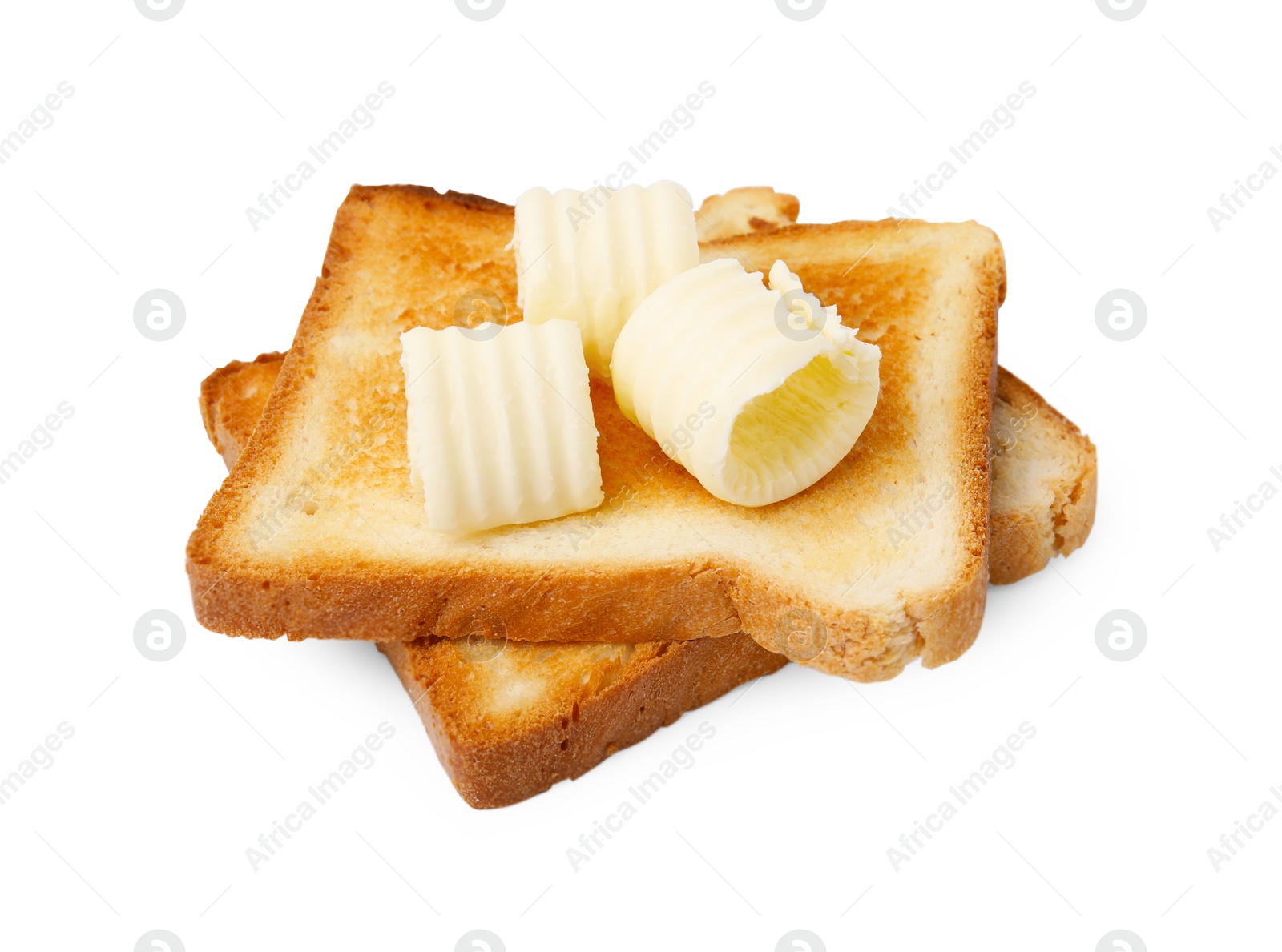 Photo of Tasty butter curls and toasts isolated on white