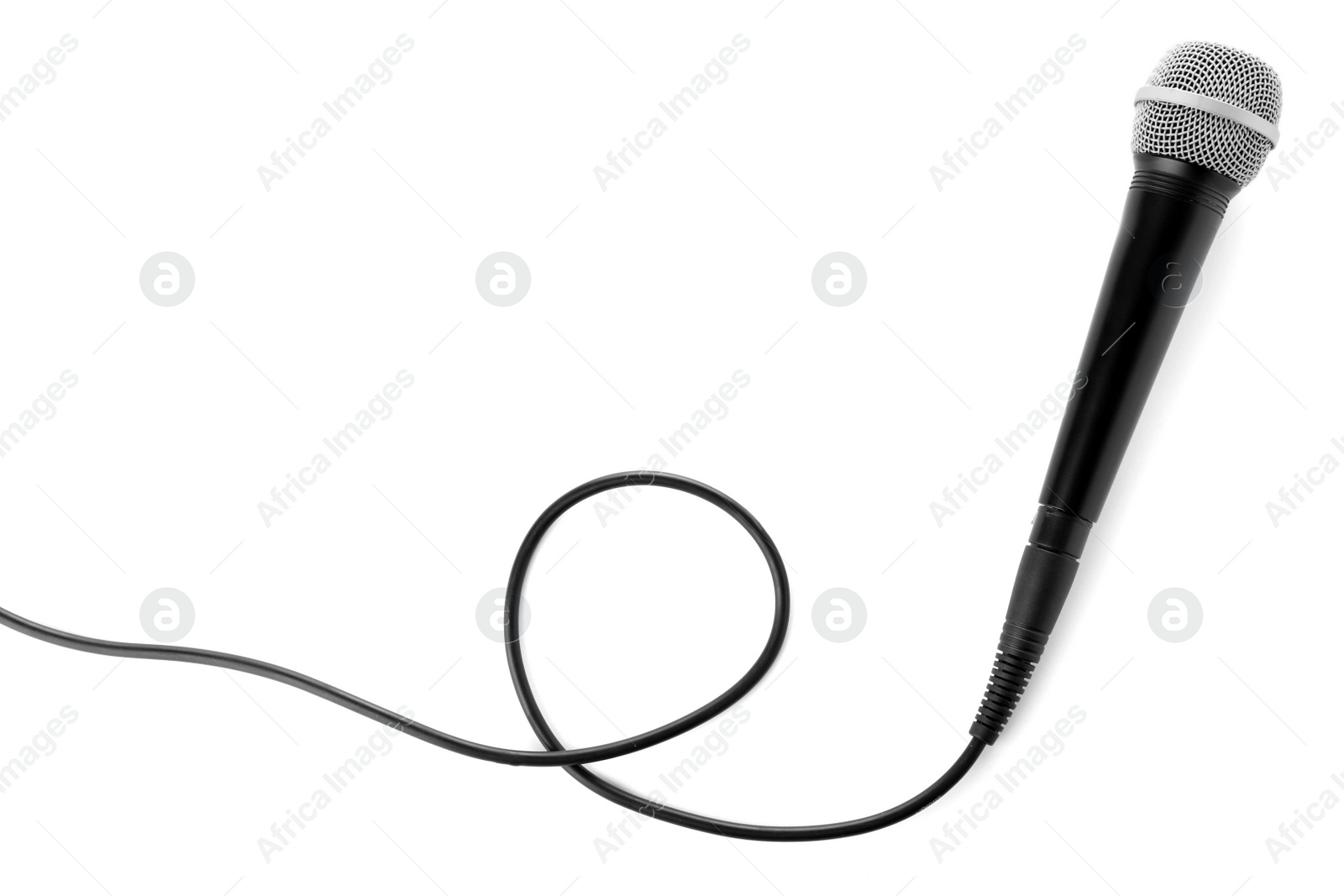 Photo of Microphone with wire on white background, top view