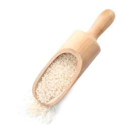 Scoop with raw rice on white background. Healthy grains and cereals