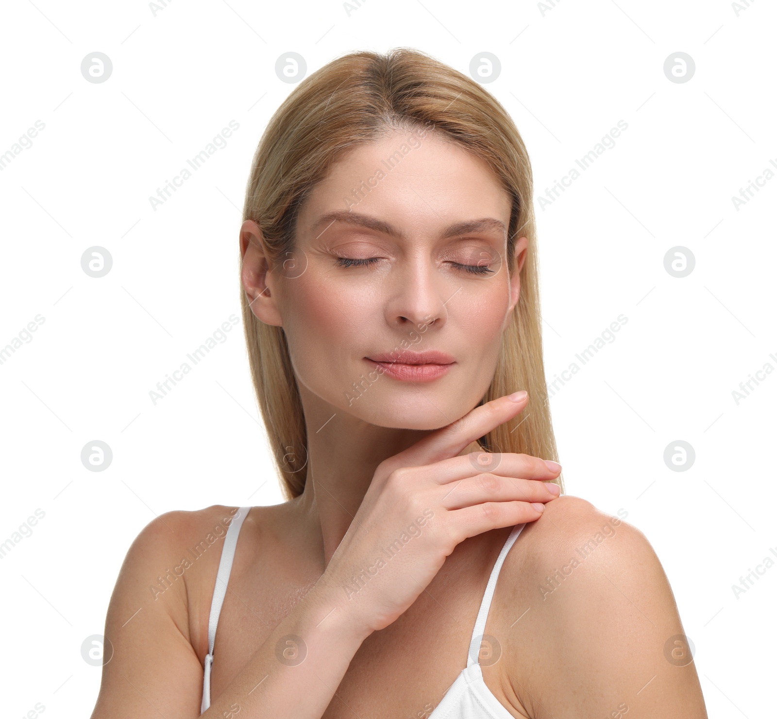 Photo of Beautiful woman with healthy skin on white background