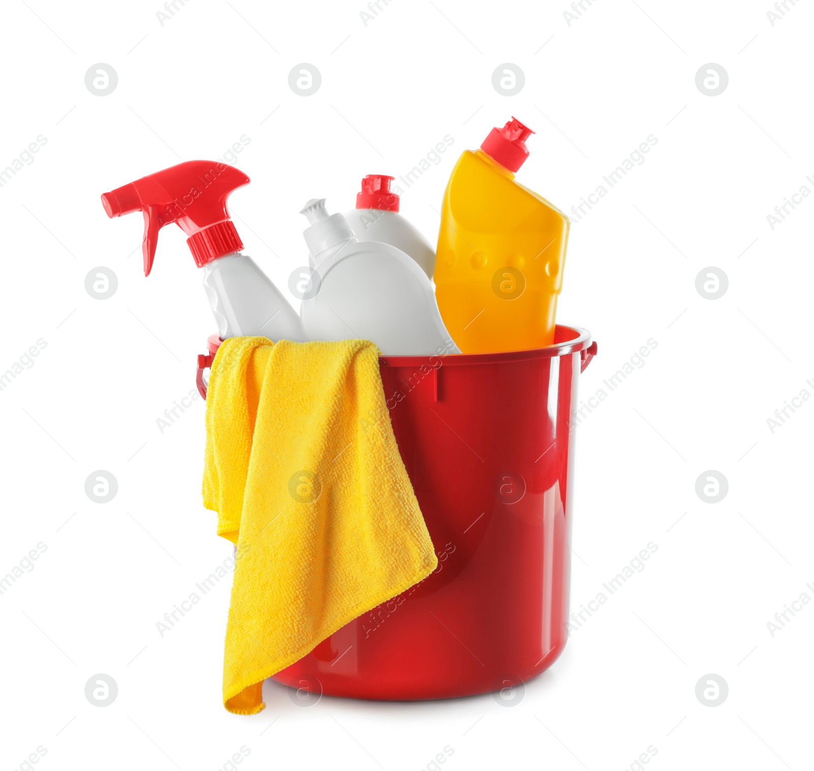 Photo of Plastic bucket with different cleaning products and rag on white background