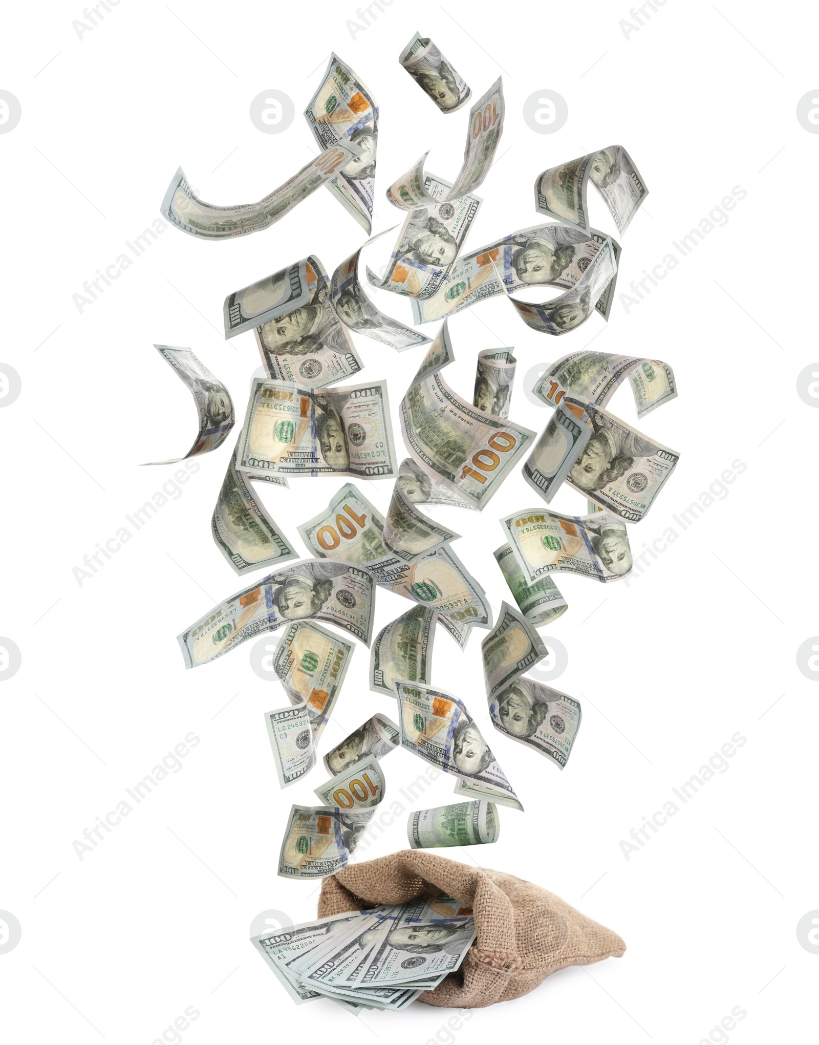 Image of Sack and American dollars on white background. Flying money