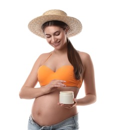 Photo of Young pregnant woman with sun protection cream on white background