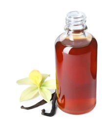 Photo of Vanilla extract, flower and dry pods isolated on white