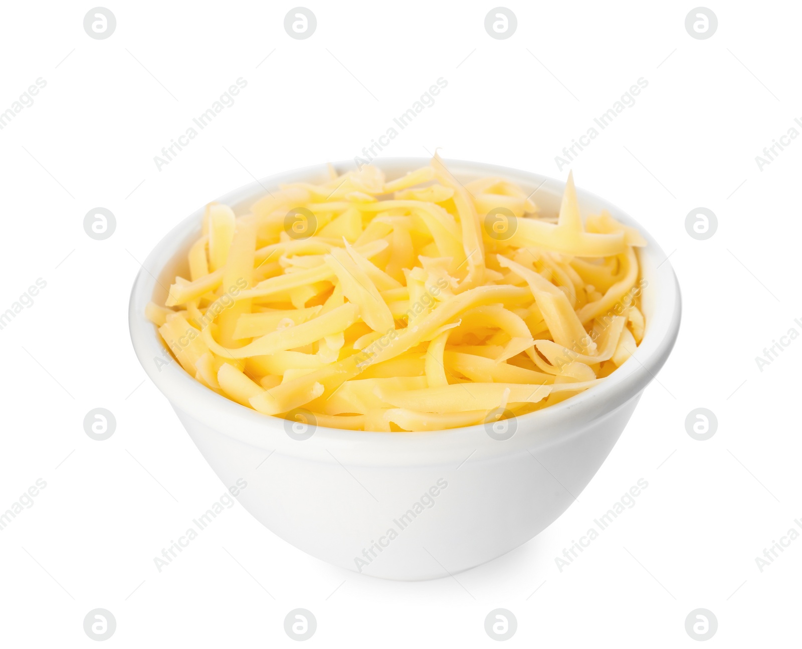 Photo of Bowl with grated cheese isolated on white