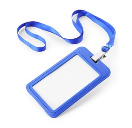 Photo of Blank blue badge with string isolated on white