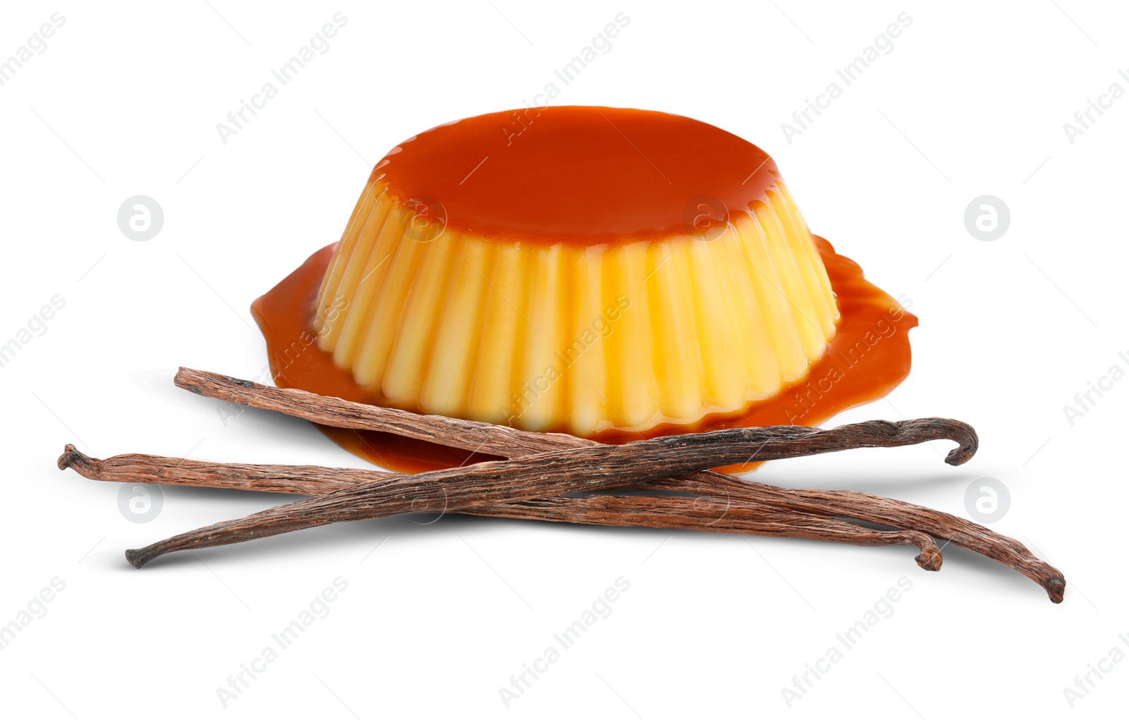 Image of Delicious caramel pudding and vanilla pods isolated on white